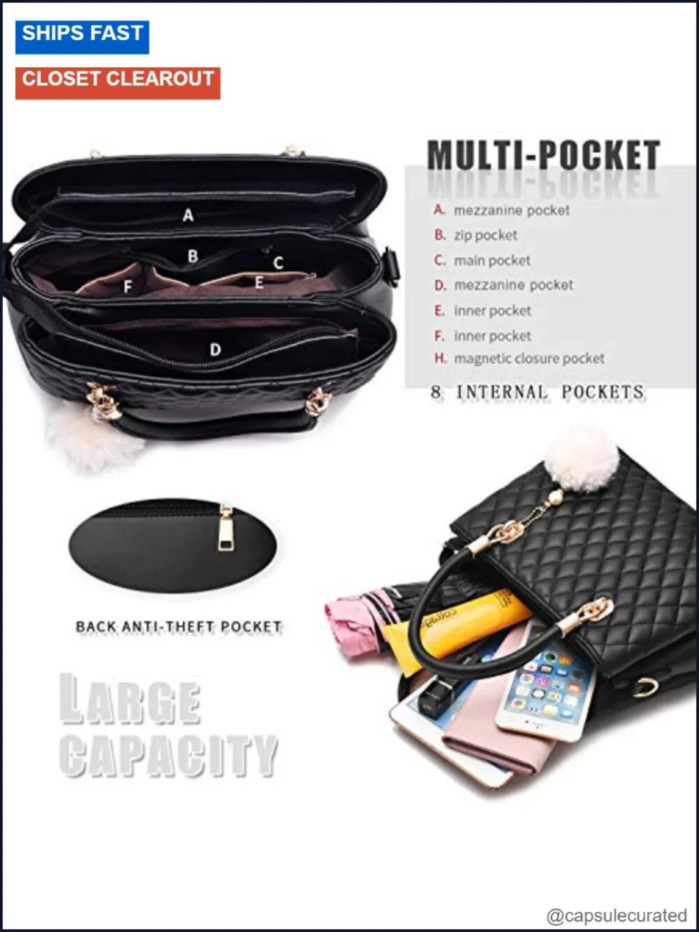Womens Faux Leather Satchel Bag Top-Handle Shoulder Purse Tote with Pompon